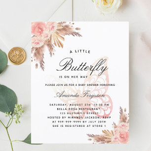 Baby shower butterfly pink girl pampas invitation