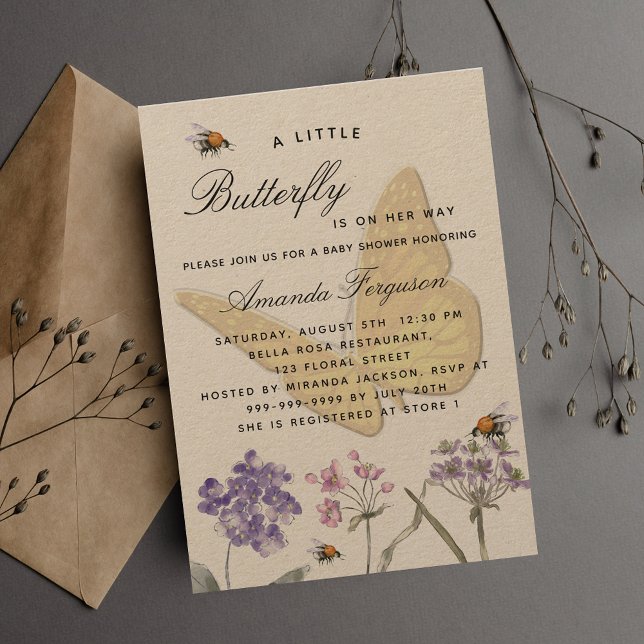 Baby Shower butterfly wildflowers violet pink girl Invitation (Creator Uploaded)