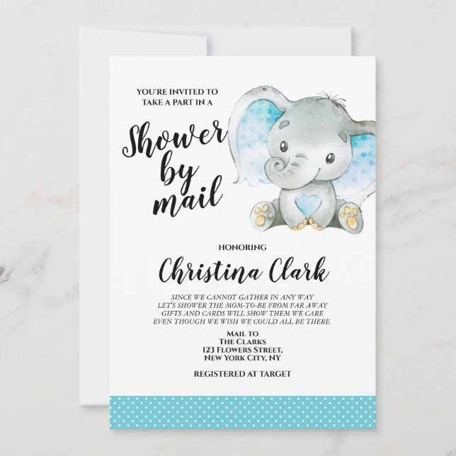Baby Shower by Mail Boy Elephant Blue Invitation (Front)