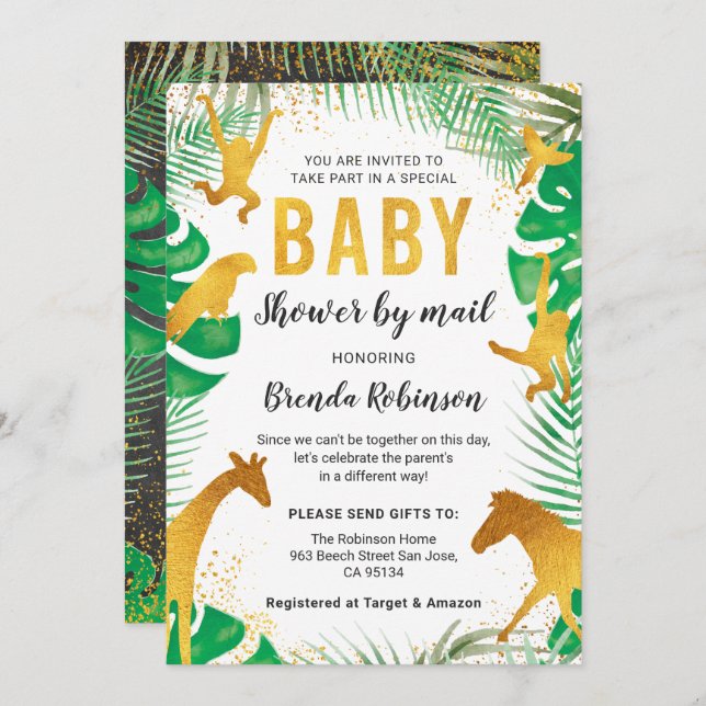 Baby Shower By Mail Boy Gold Jungle Animals Safari Invitation (Front/Back)