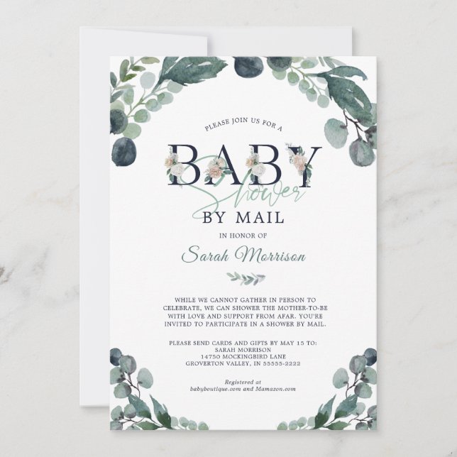 Baby Shower by Mail Eucalyptus Greenery Navy Blue Invitation (Front)