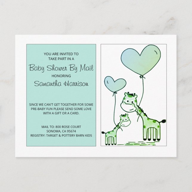 Baby Shower By Mail Giraffes Blue Green Invitation Postcard (Front)