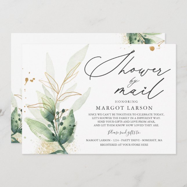 Baby Shower By Mail Invitation Greenery & Gold (Front/Back)
