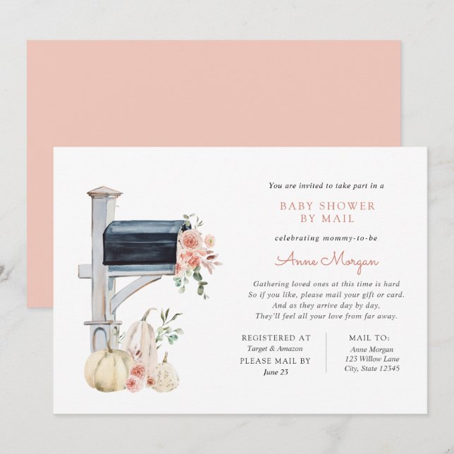 Baby Shower by Mail Pink Floral Pumpkin in Mailbox Invitation (Front/Back)