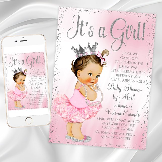 Baby Shower by Mail Pink Princess Tutu Baby Shower Invitation (Pink Silver Princess Baby Shower Invitation. Instant download printed available. Text can be changed)