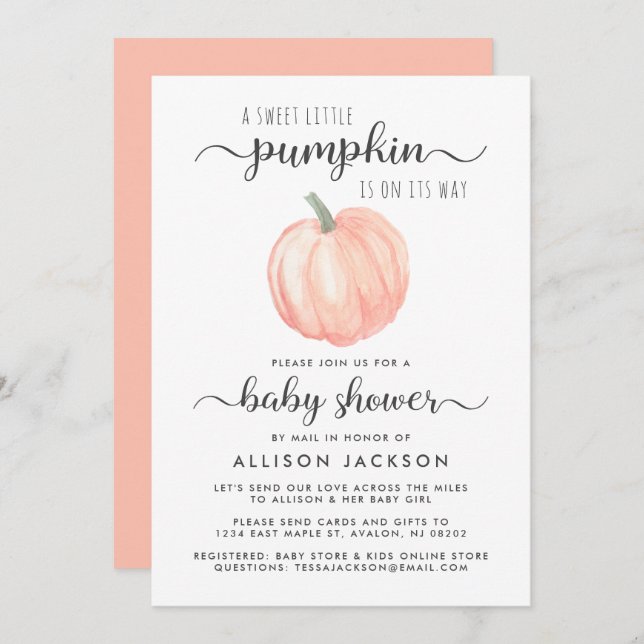 Baby Shower By Mail Pumpkin Orange Watercolor Invitation (Front/Back)