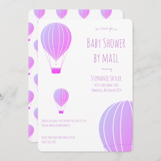 Baby Shower by Mail Purple Hot Air Balloon Invitation (Front/Back)