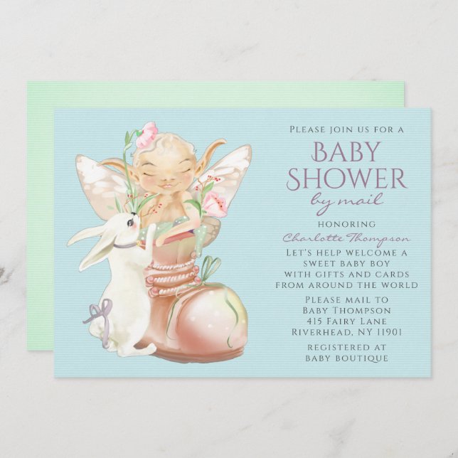 Baby Shower By Mail Watercolor Boy Fairy Rabbit Invitation (Front/Back)
