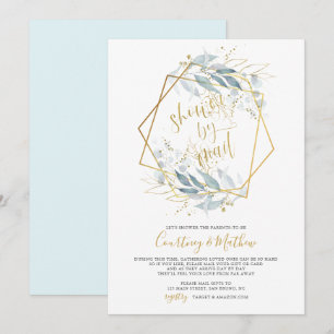 Baby shower by mail watercolor leaves gold frame invitation