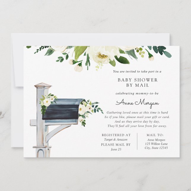 Baby Shower by Mail White Flowers in Mailbox Invitation (Front)