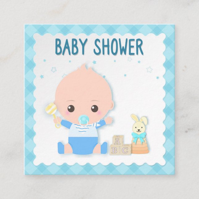 Baby shower card, baby boy and toy. Greeting card (Front)