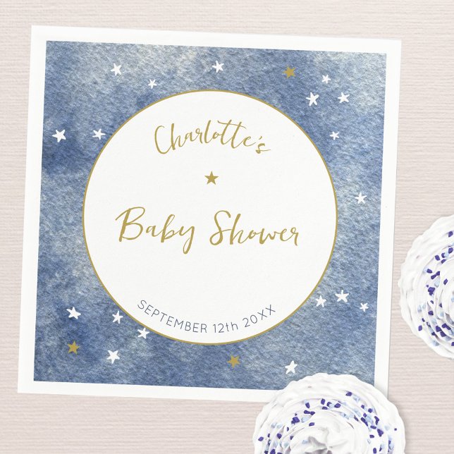 Baby Shower Celestial Star Watercolor Personalised Napkin (Watercolor star navy blue gold and white personalized baby shower party paper napkins)
