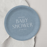 Baby shower chambray blue cute simple paper plate<br><div class="desc">Throw the perfect celebration with this adorable chambray blue personalised baby shower paper plate. This design features classic simple typography that you can personalise with name, date or other text and also a sweet light blue background that has the look of chambray (please not this is not really textured -...</div>