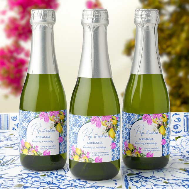Baby Shower champagne favour Blue Tiles Lemons  Sparkling Wine Label (Baby Shower champagne favor Blue Tiles Lemons Sparkling Wine Labels pop it when she pops labels)