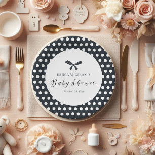 Baby Shower Charming Black Polka Dot Bow Paper Plate