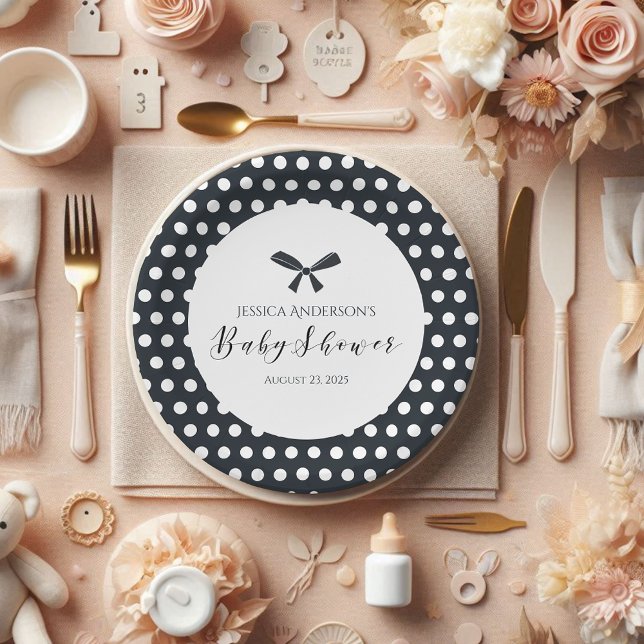 Baby Shower Charming Black Polka Dot Bow Paper Plate (Creator Uploaded)