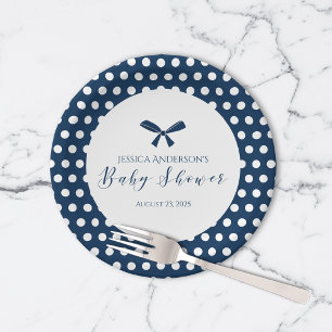 Baby Shower Charming Navy Blue Polka Dot Bow Paper Plate