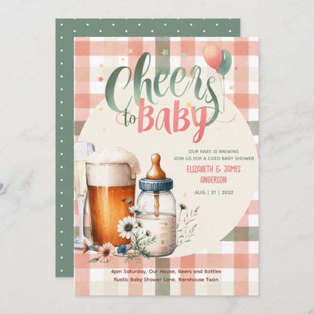 Baby Shower Cheers Bottles Beers Peach Sage COED  Invitation (Front/Back)