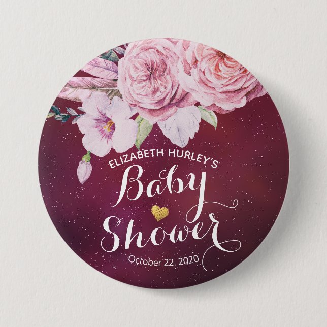 Baby Shower Chic Boho Floral Feathers Burgundy Red 7.5 Cm Round Badge (Front)