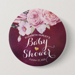 Baby Shower Chic Boho Floral Feathers Burgundy Red 7.5 Cm Round Badge