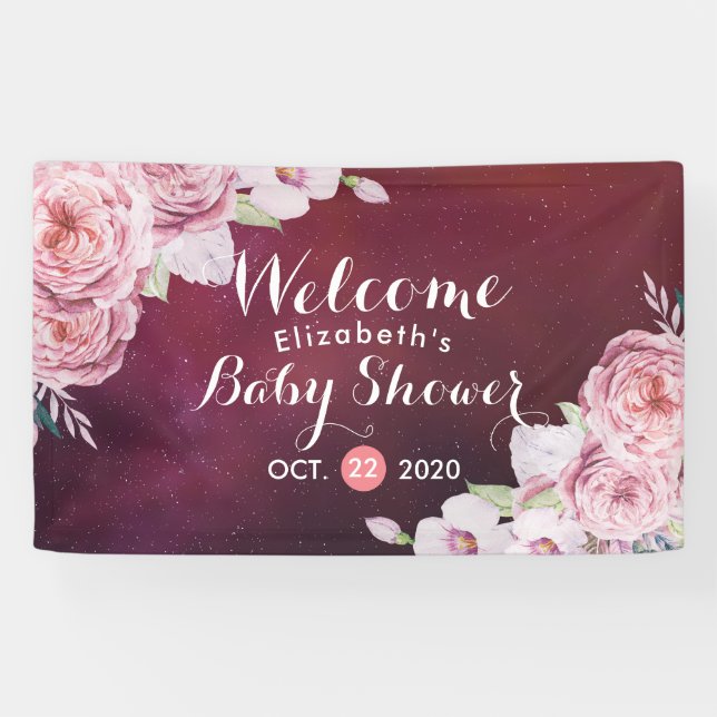 Baby Shower Chic Boho Floral Feathers Burgundy Red Banner (Horizontal)