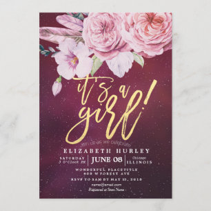 Baby Shower Chic Boho Floral Feathers Burgundy Red Invitation