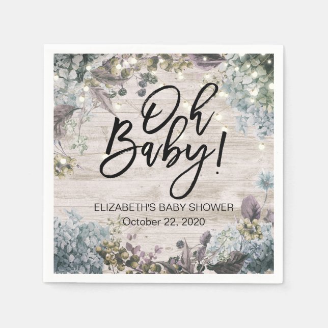Baby Shower Chic Floral String Lights Rustic Wood Napkin (Front)