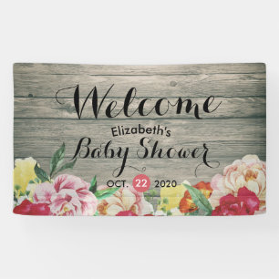 Baby Shower Chic Flowers String Lights Rustic Wood Banner
