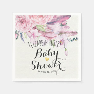 Baby Shower Chic Watercolor Boho Floral Feather Napkin