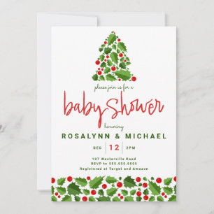 BABY SHOWER   Christmas Holiday Holly Floral Invitation