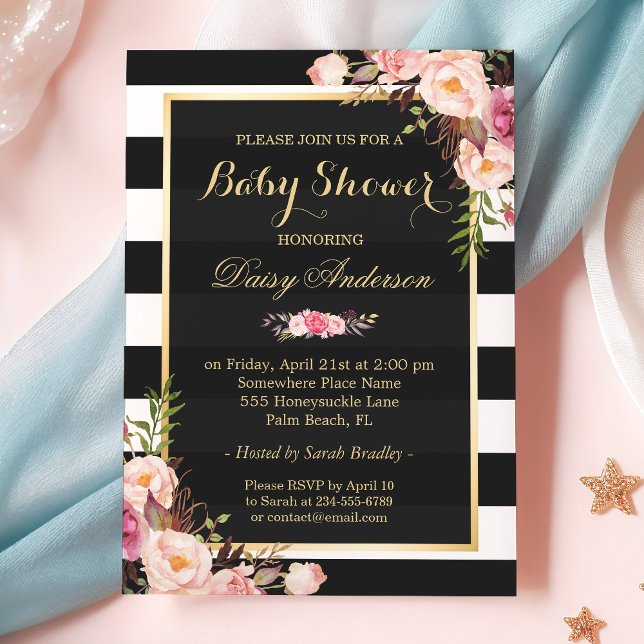 Baby Shower Classy Floral Gold Black White Stripes Invitation (Creator Uploaded)