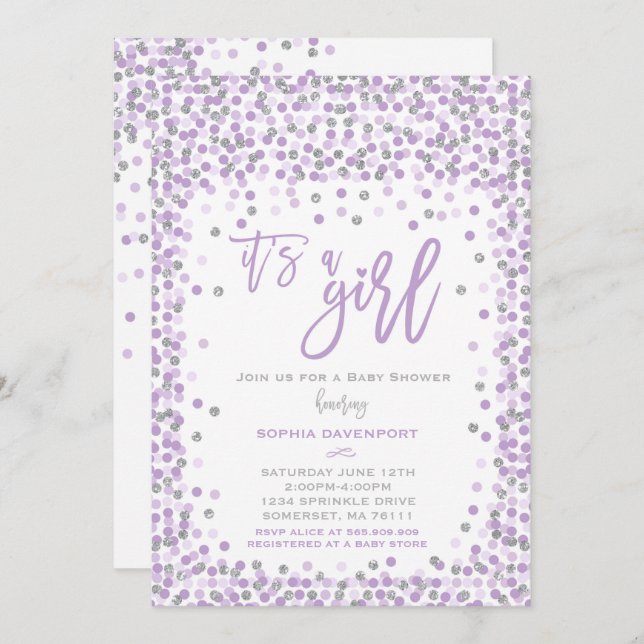 Baby Shower Confetti Invitation Lavender & Silver (Front/Back)