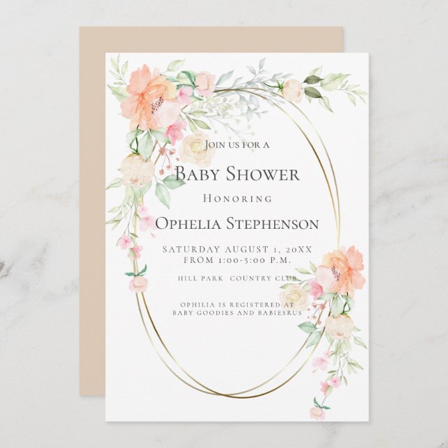BABY SHOWER | Coral Watercolor Flowers Invitation (Front/Back)