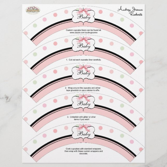 Baby Shower Cupcake Decor - French Bow Dot Swirl (Front)