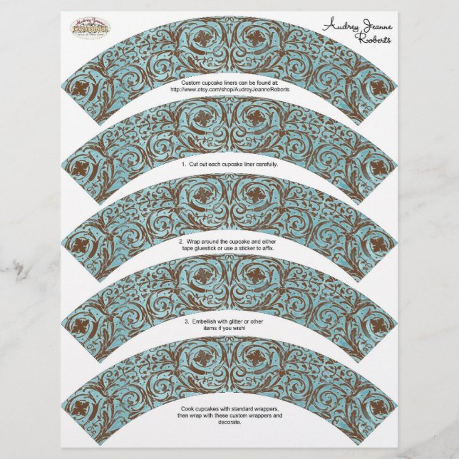Baby Shower Cupcake Wrappers - Blue Brown Damask (Front)
