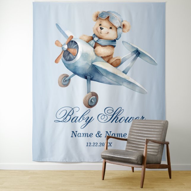 Baby Shower Cute Baby Bear Pilot Blue Aeroplane Tapestry (In Situ)