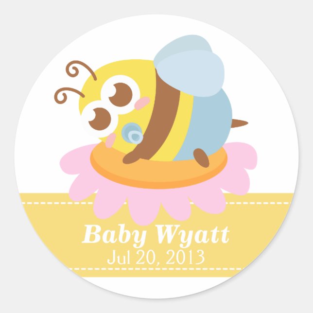 Baby Shower: Cute baby Bee resting on flower Classic Round Sticker (Front)