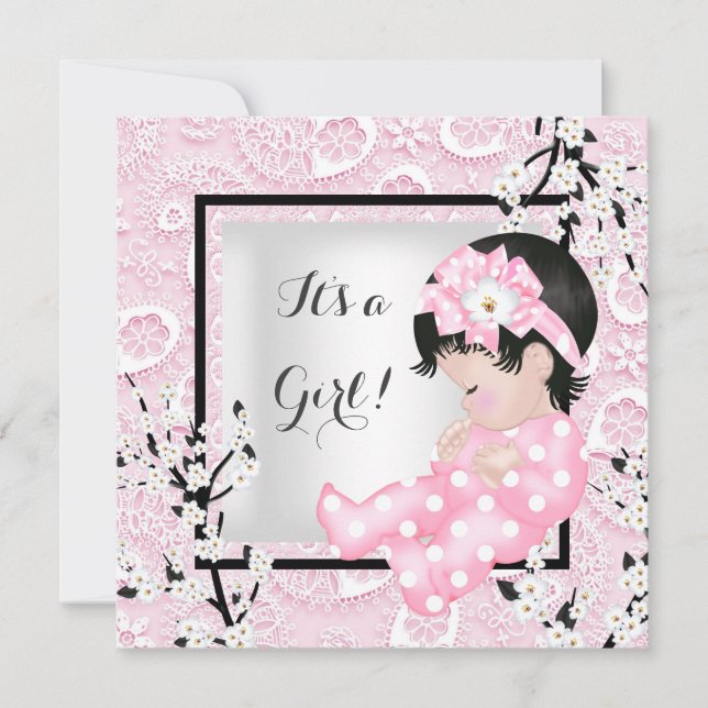 Baby Shower Cute Baby Girl Pink Blossom Lace C Invitation (Front)