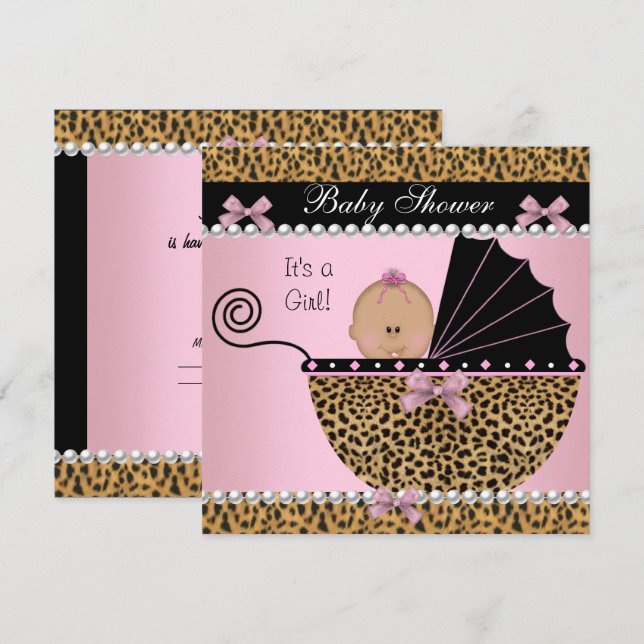 Baby Shower Cute Baby Girl Pink Leopard Invitation (Front/Back)
