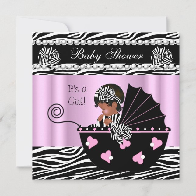 Baby Shower Cute Baby Girl Pink Zebra Bow Invitation (Front)