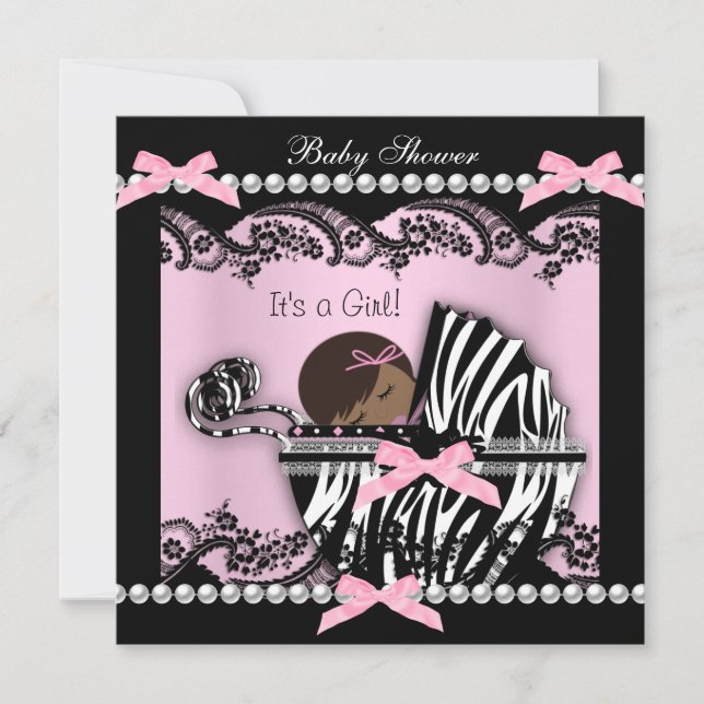 Baby Shower Cute Baby Girl Pink Zebra Lace Invitation (Front)