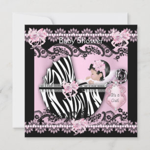 Baby Shower Cute Baby Girl Pink Zebra Lace NEW Invitation