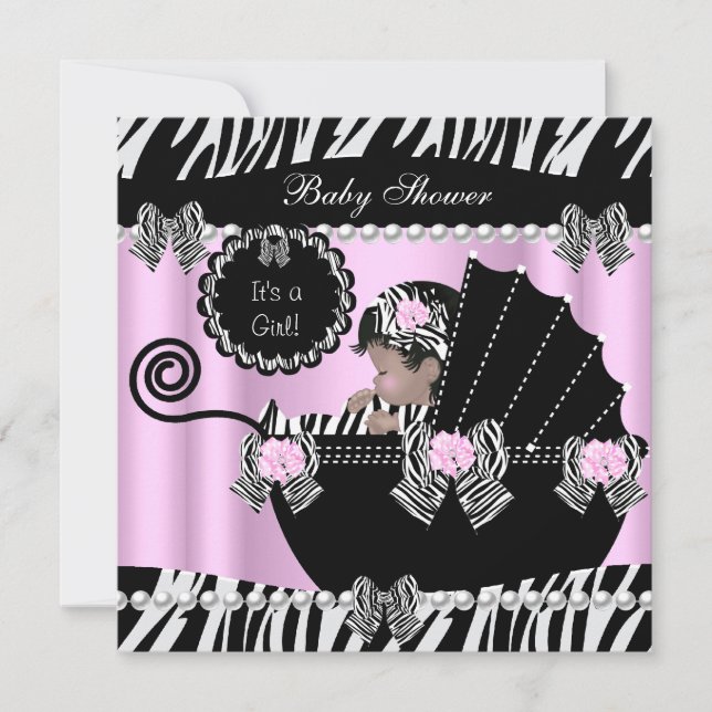 Baby Shower Cute Baby Girl Pink Zebra Pram Invitation (Front)
