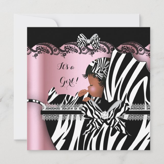 Baby Shower Cute Baby Girl Pink Zebra Pram Invitation (Front)