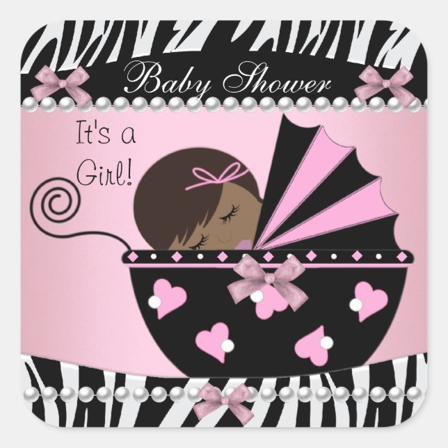 Baby Shower Cute Baby Girl Pink Zebra Print Square Sticker (Front)