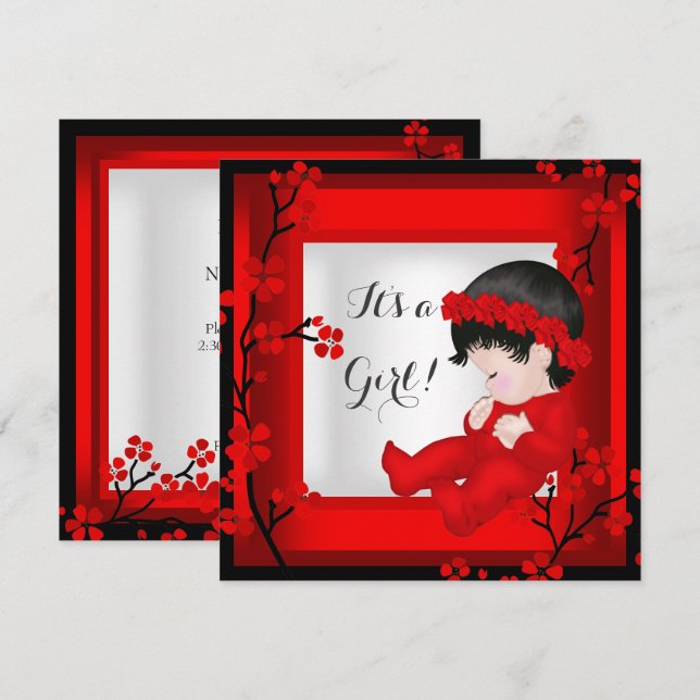Baby Shower Cute Baby Girl Red Blossom Black White Invitation (Front/Back)