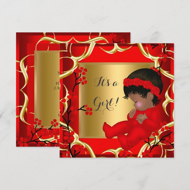 Baby Shower Cute Baby Girl Red Blossom Gold AM 4 Invitation (Front/Back)