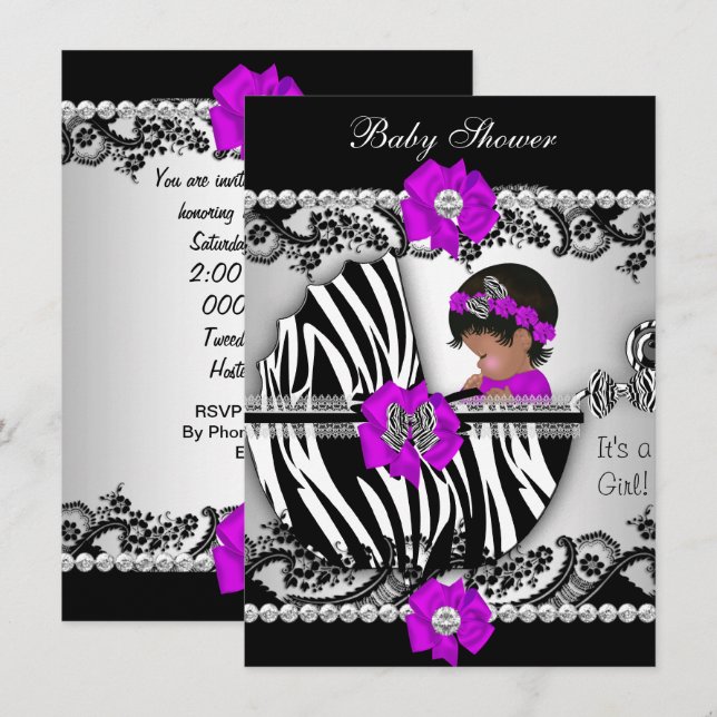 Baby Shower Cute Baby Girl Zebra Purple Pink Black Invitation (Front/Back)