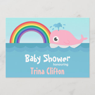 Baby Shower - Cute Baby Pink Whale with Rainbow Invitation