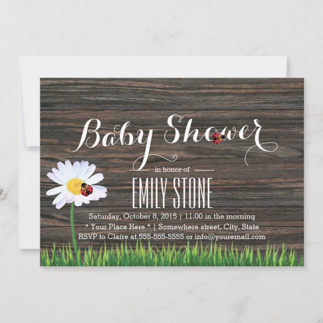 Baby Shower Cute Daisy & Ladybugs Elegant Wood Invitation (Front)